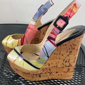 Christian Louboutin Une Plume Patent Paint Splatter Cork Wedge Platform Heel 35